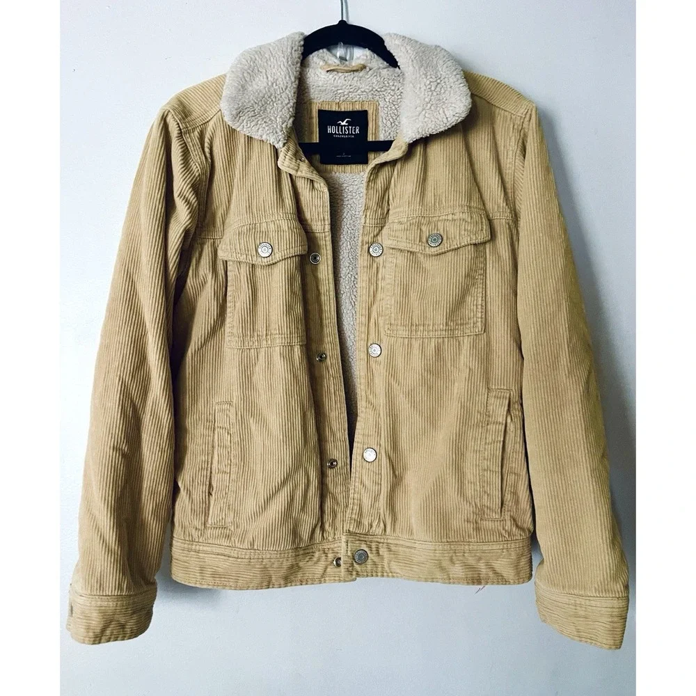 Hollister Adult Small Beige Full Snap Corduroy With Sherpa Collar‎ & Lining